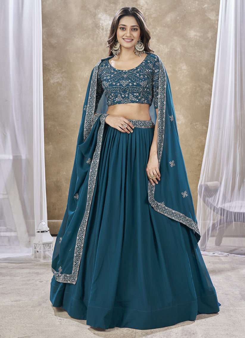 Peacock Blue Faux Georgette Embroidered Wedding Lehenga Choli