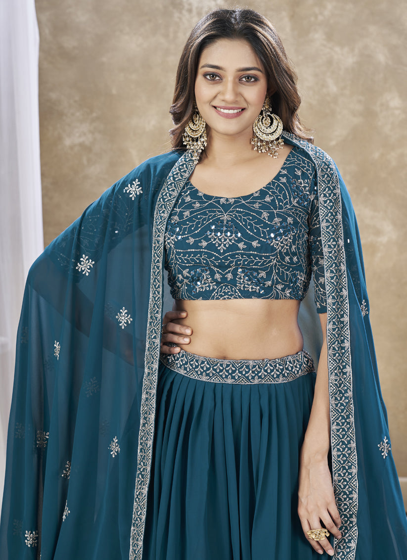 Peacock Blue Faux Georgette Embroidered Wedding Lehenga Choli