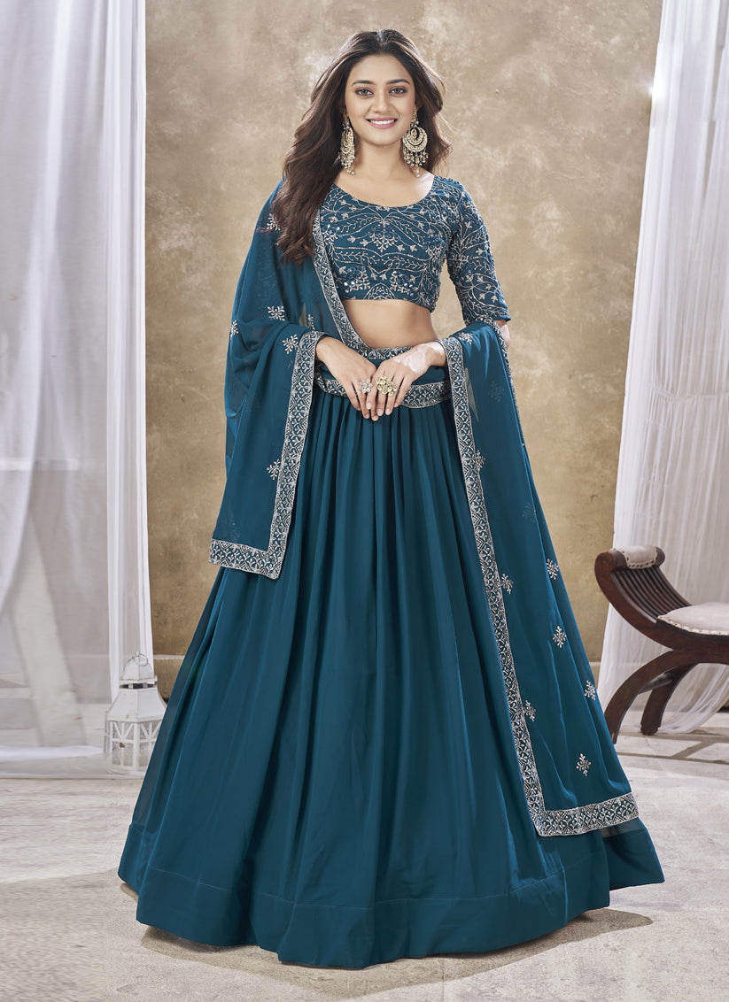 Peacock Blue Faux Georgette Embroidered Wedding Lehenga Choli