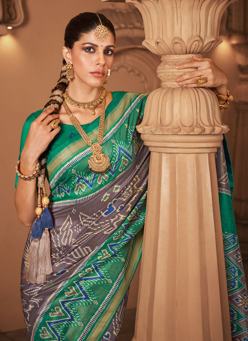 Grey and Sea Green Silk Patola Printed Saree