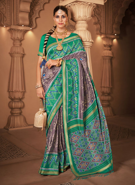 Grey and Sea Green Silk Patola Printed Saree