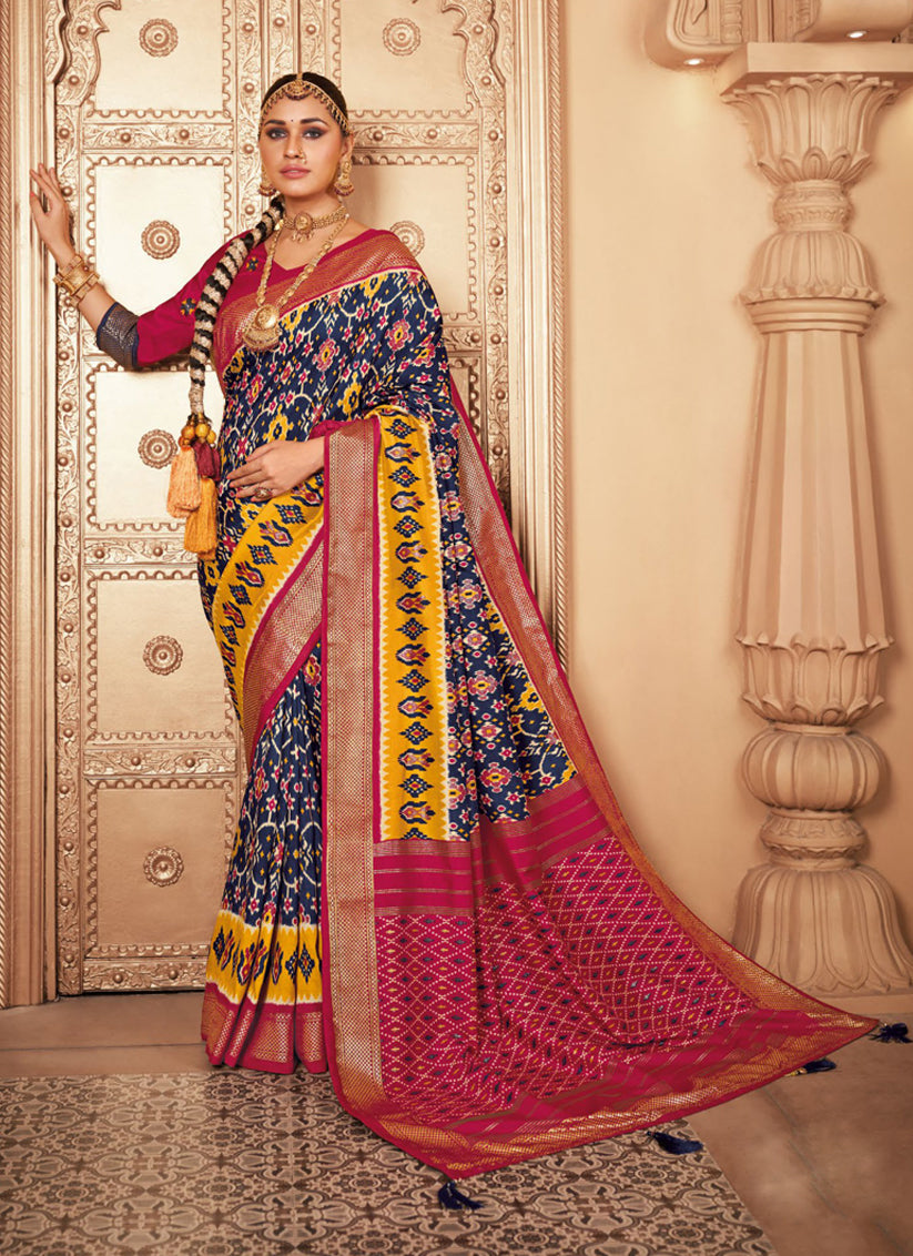 Navy Blue Silk Patola Printed Saree