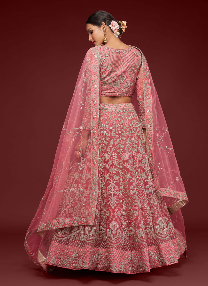 Rose Pink Net Embroidered Designer Lehenga Choli