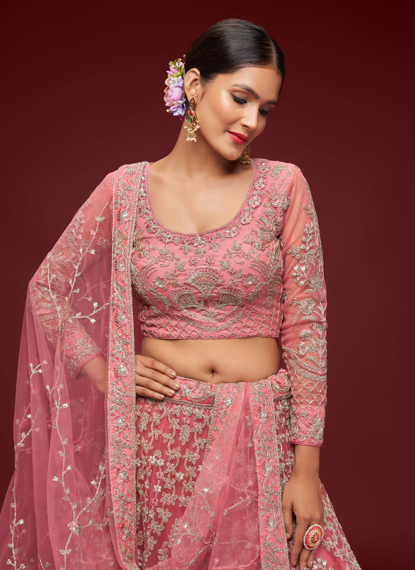 Rose Pink Net Embroidered Designer Lehenga Choli