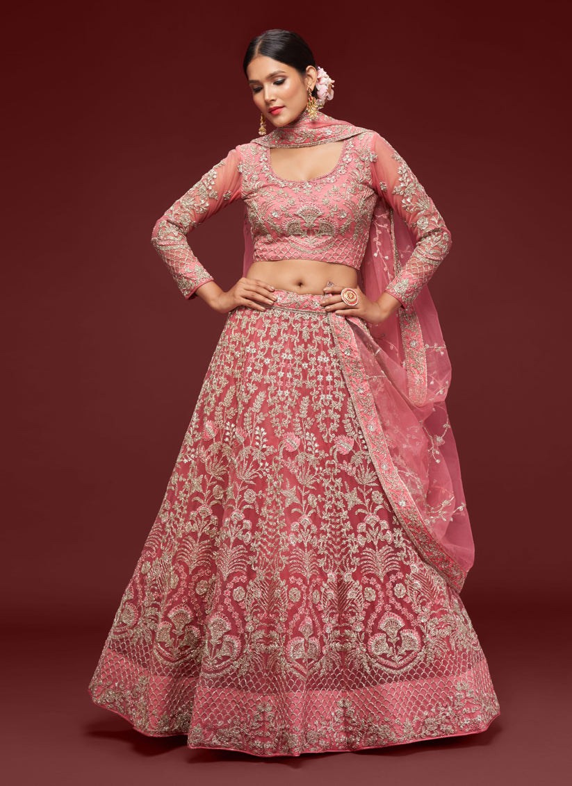 Rose Pink Net Embroidered Designer Lehenga Choli