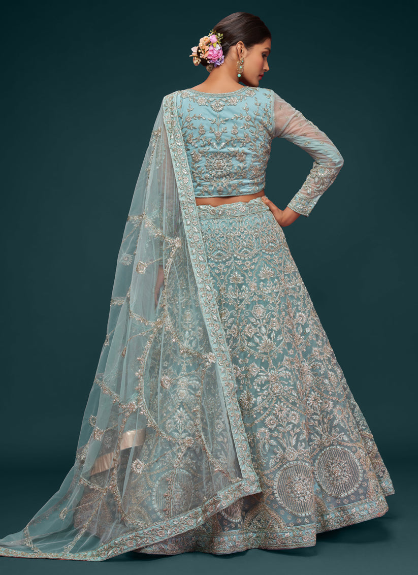 Aqua Blue Net Embroidered Designer Lehenga Choli