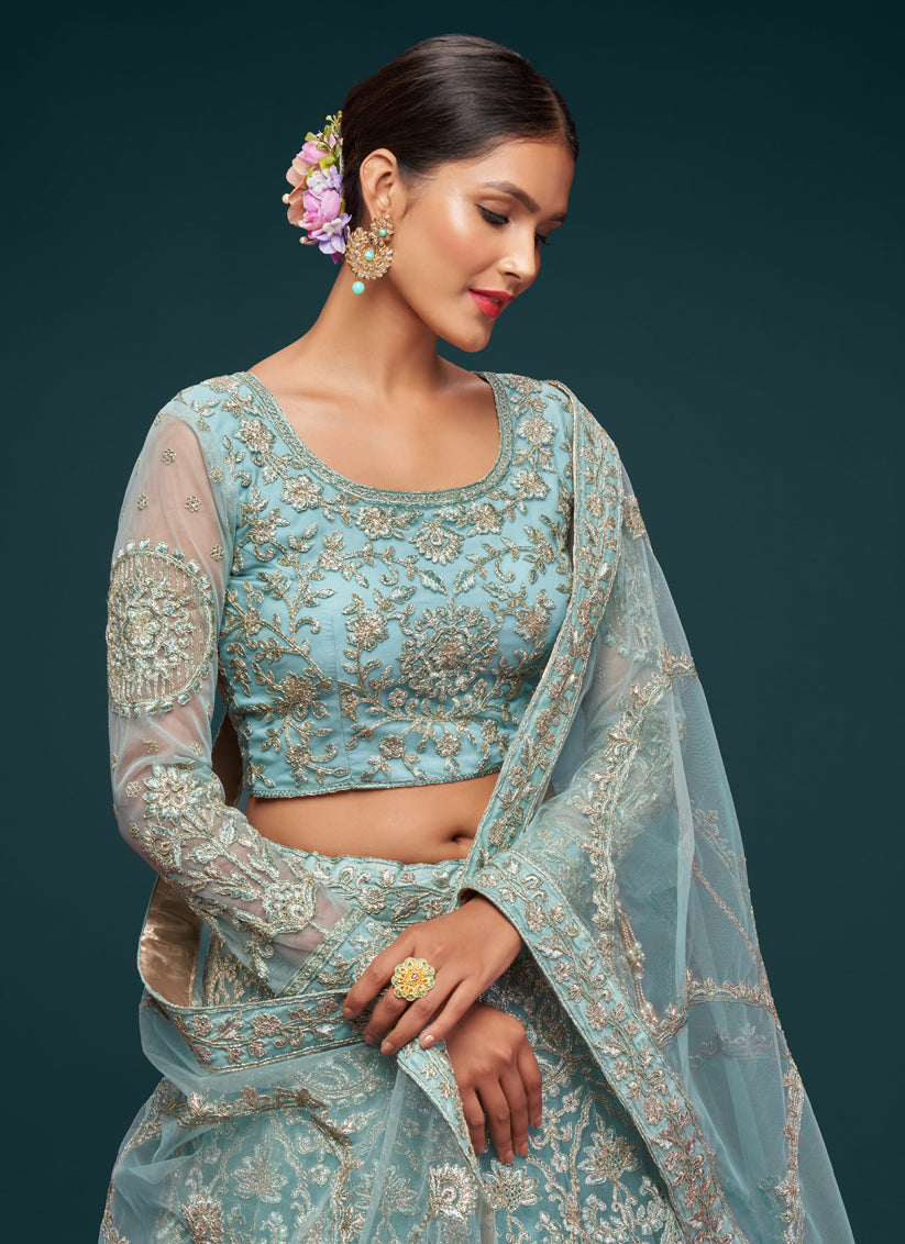 Aqua Blue Net Embroidered Designer Lehenga Choli