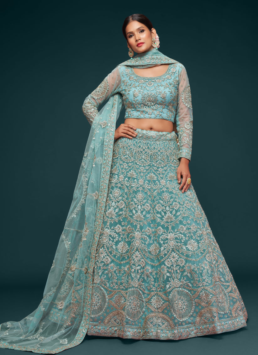 Aqua Blue Net Embroidered Designer Lehenga Choli