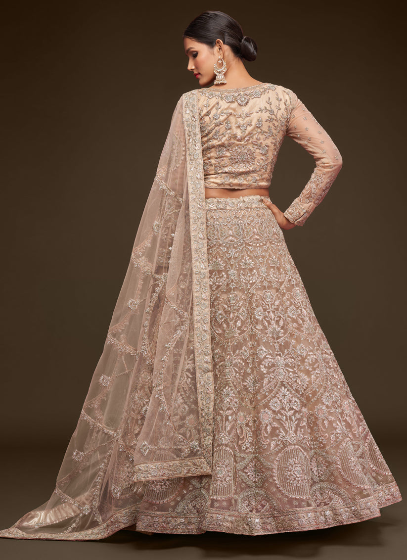 Beige Net Embroidered Designer Lehenga Choli