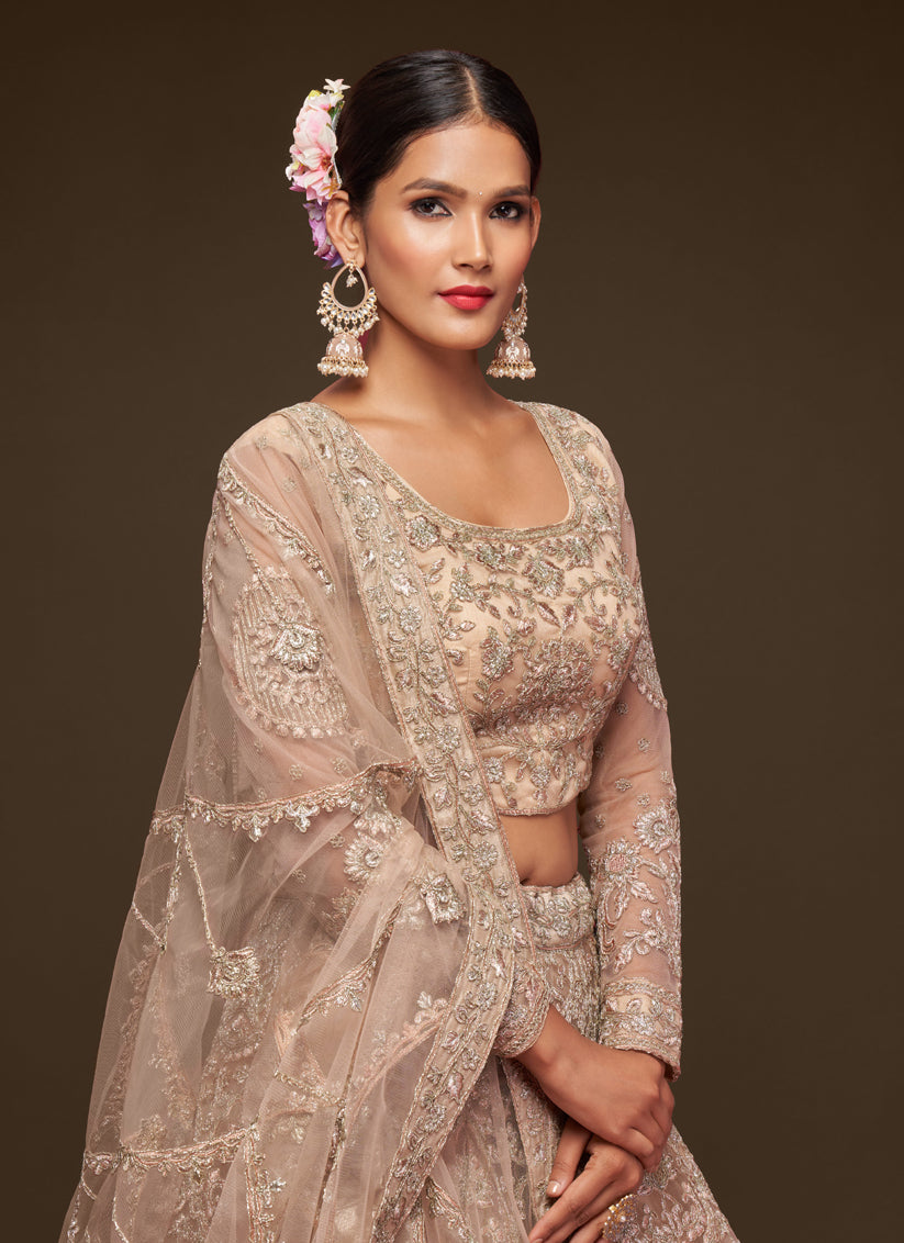 Beige Net Embroidered Designer Lehenga Choli