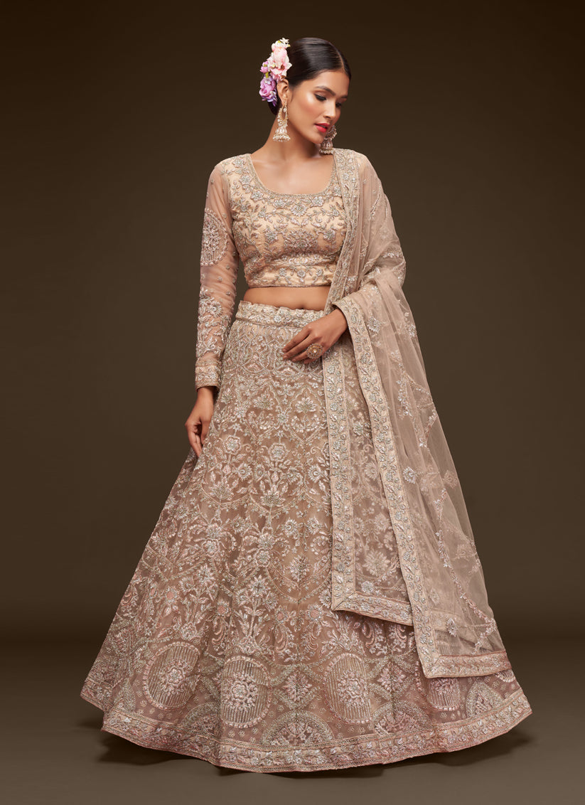 Beige Net Embroidered Designer Lehenga Choli