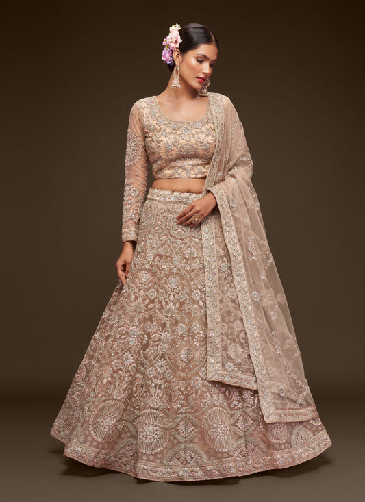 Beige Net Embroidered Designer Lehenga Choli