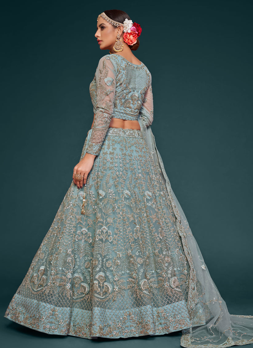 Aqua Blue Net Embroidered Designer Lehenga Choli