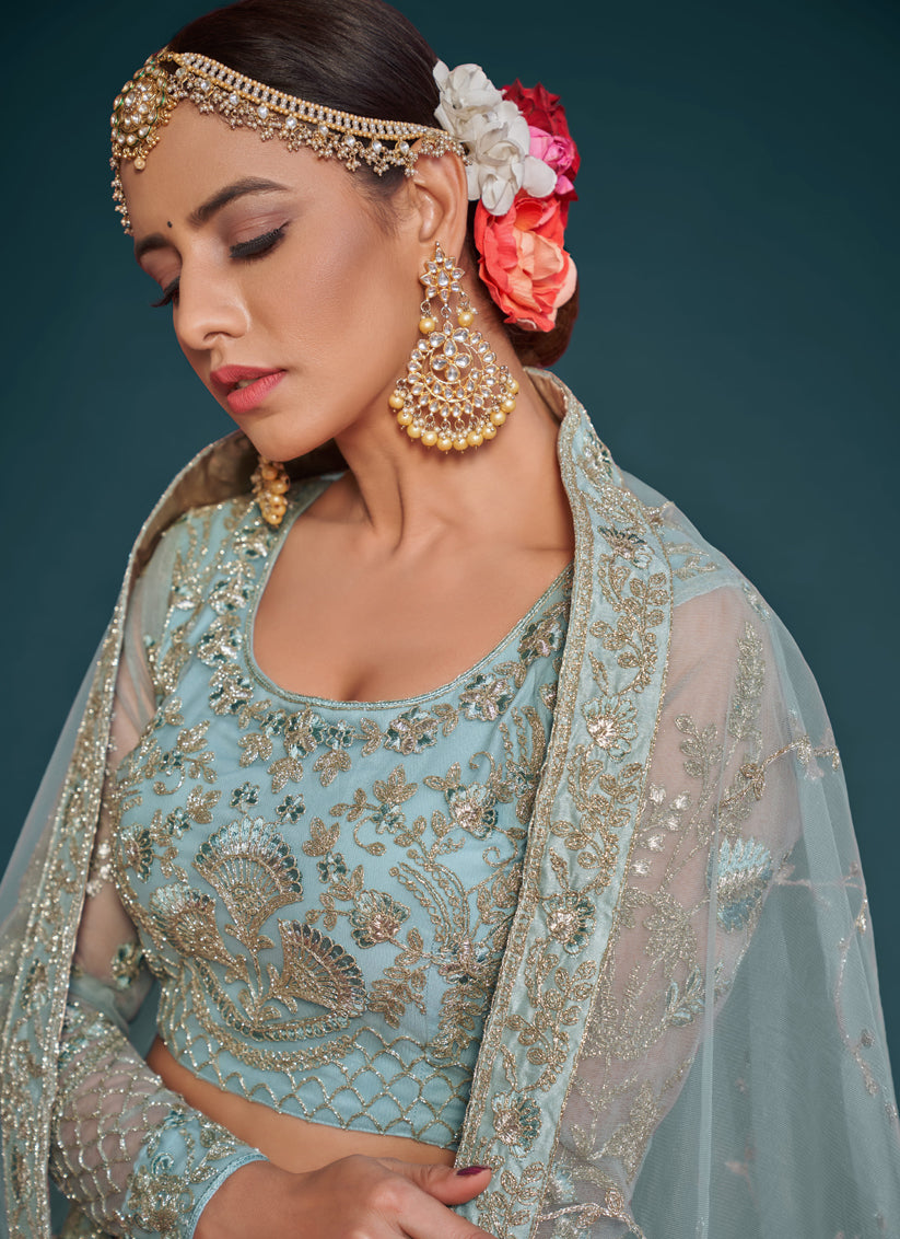 Aqua Blue Net Embroidered Designer Lehenga Choli