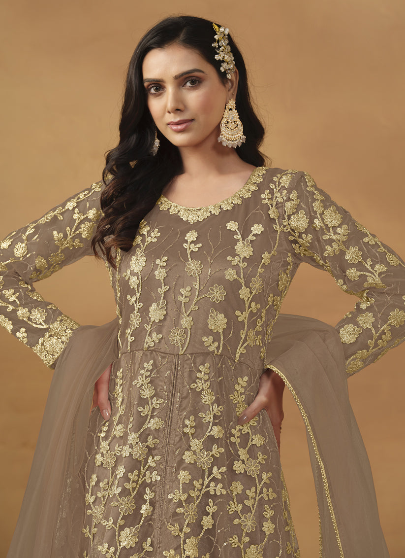 Tan Brown Net Embroidered Pant Kameez