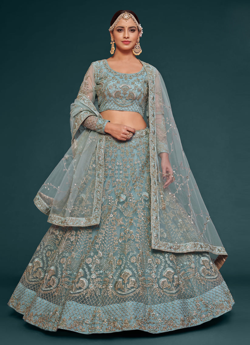 Aqua Blue Net Embroidered Designer Lehenga Choli