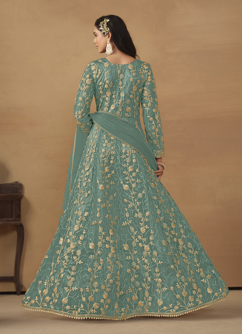 Rama Green Net Embroidered Pant Kameez