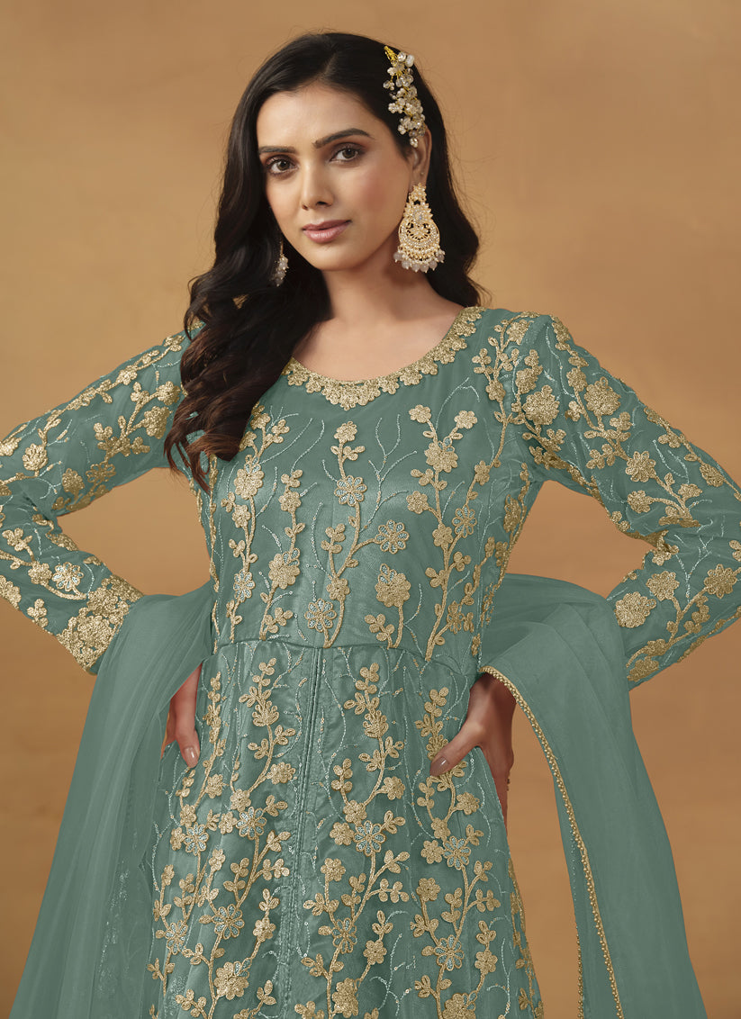 Rama Green Net Embroidered Pant Kameez