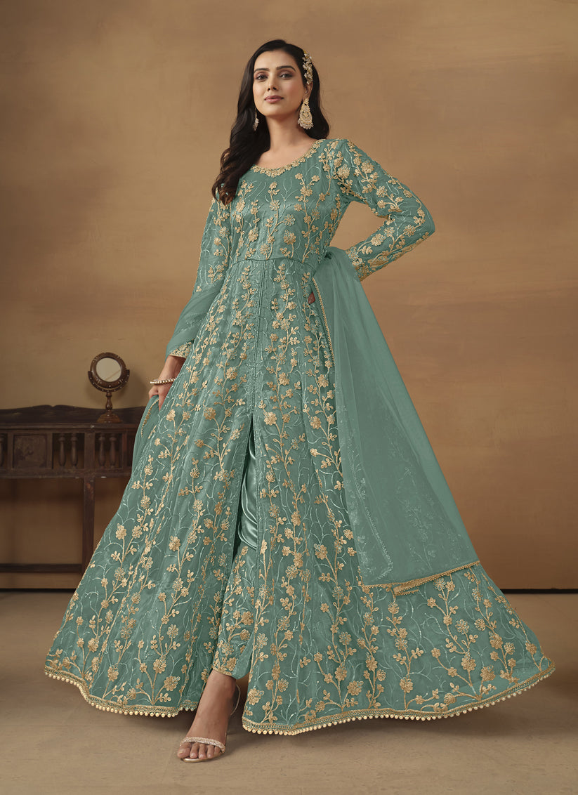 Rama Green Net Embroidered Pant Kameez