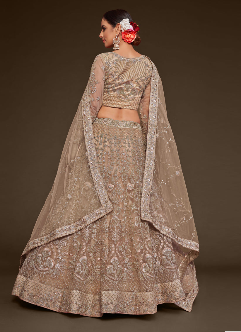 Beige Net Embroidered Designer Lehenga Choli