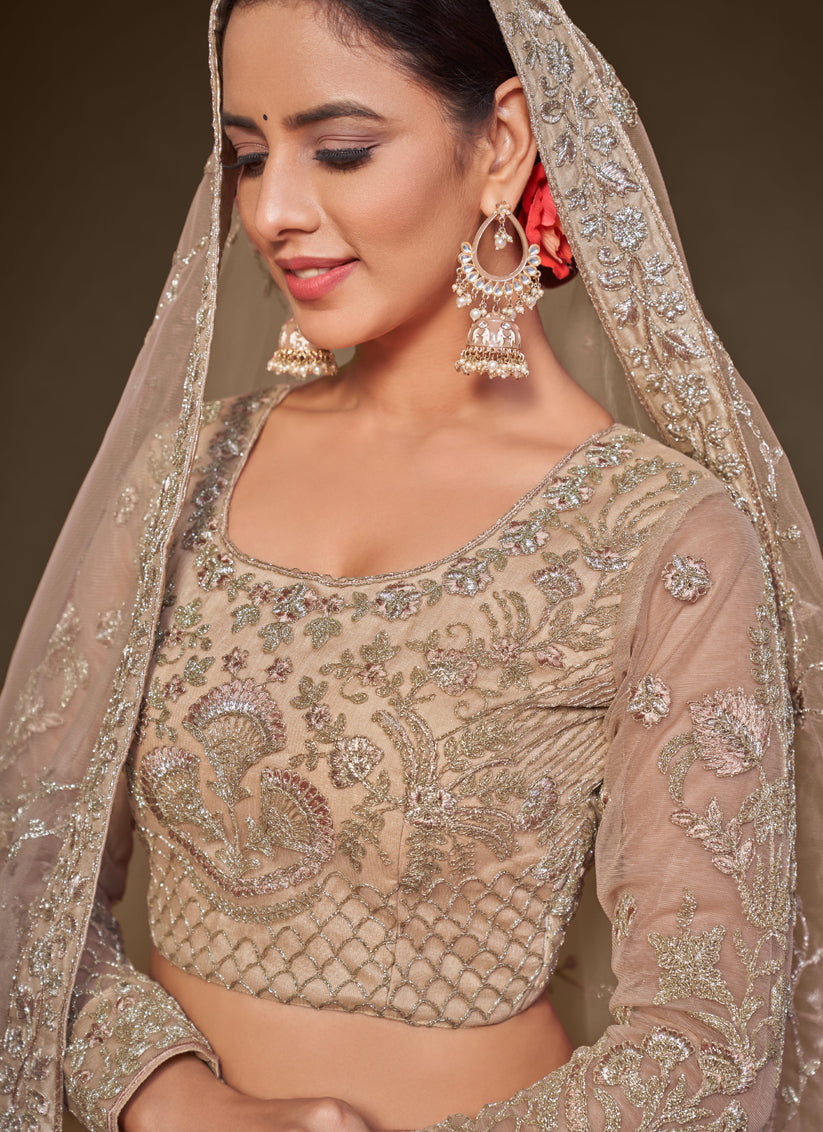 Beige Net Embroidered Designer Lehenga Choli