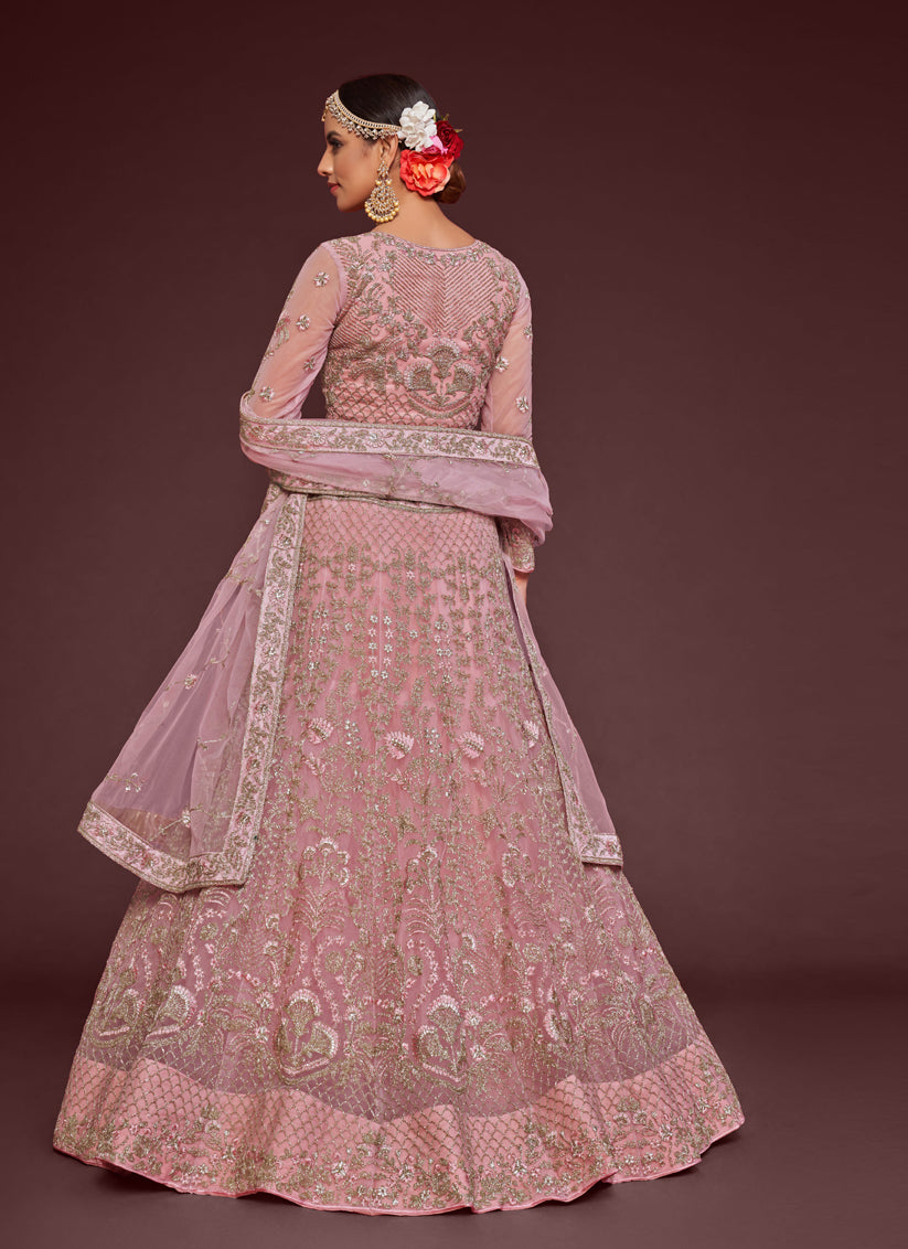 Pearl Pink Net Embroidered Designer Lehenga Choli