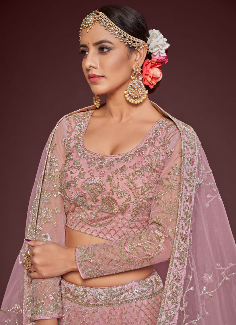 Pearl Pink Net Embroidered Designer Lehenga Choli