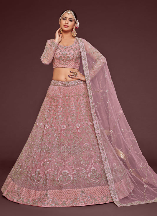 Pearl Pink Net Embroidered Designer Lehenga Choli