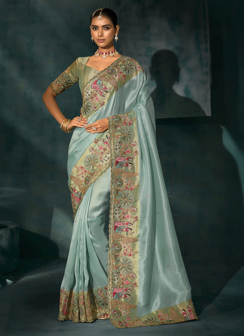 Graceful Mint Blue Pure Silk Saree