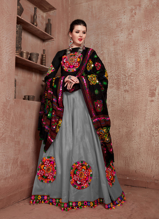 Smoke Grey Cotton Gamthi Work Chaniya Choli