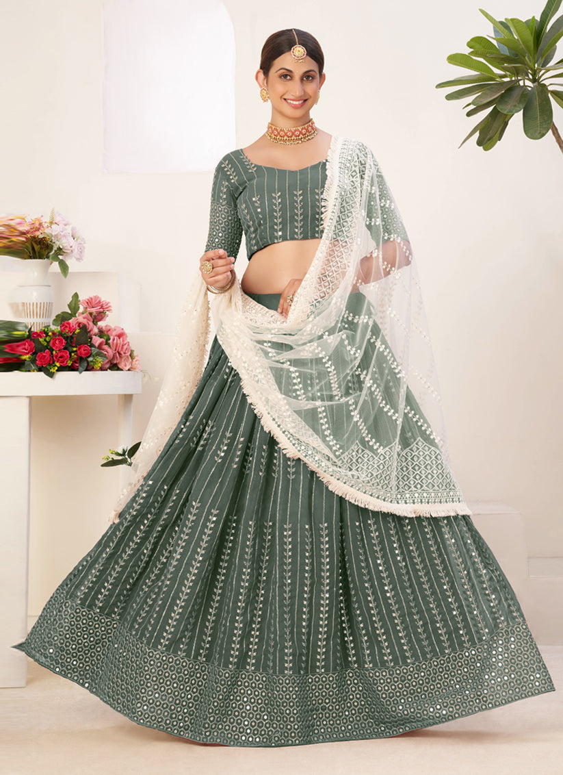 Moss Grey Georgette Sequins Lehenga Choli