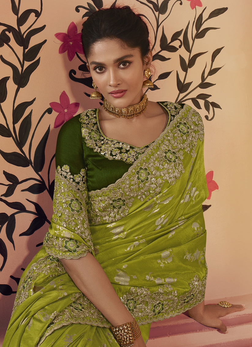Lime Green Smoked Viscose Embroidered Saree