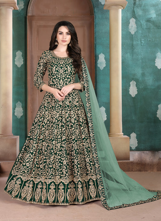 Forest Green Faux Georgette Embroidered Floor Length Anarkali Suit