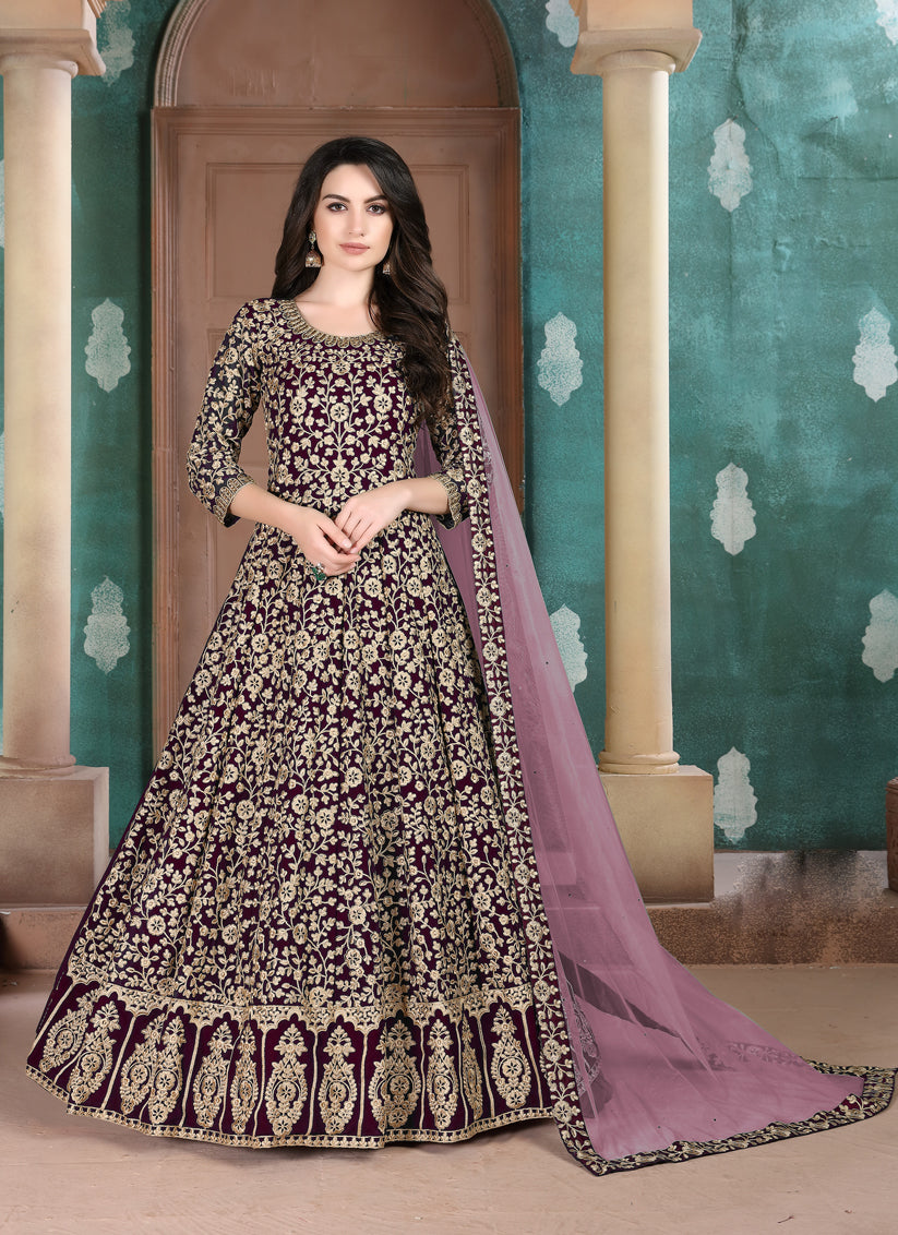 Burgundy Faux Georgette Embroidered Floor Length Anarkali Suit