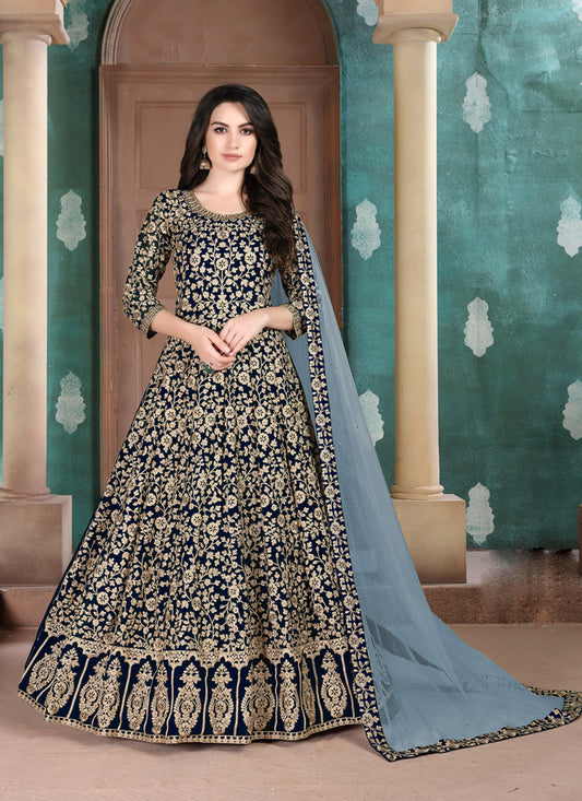 Midnight Blue Faux Georgette Embroidered Floor Length Anarkali Suit