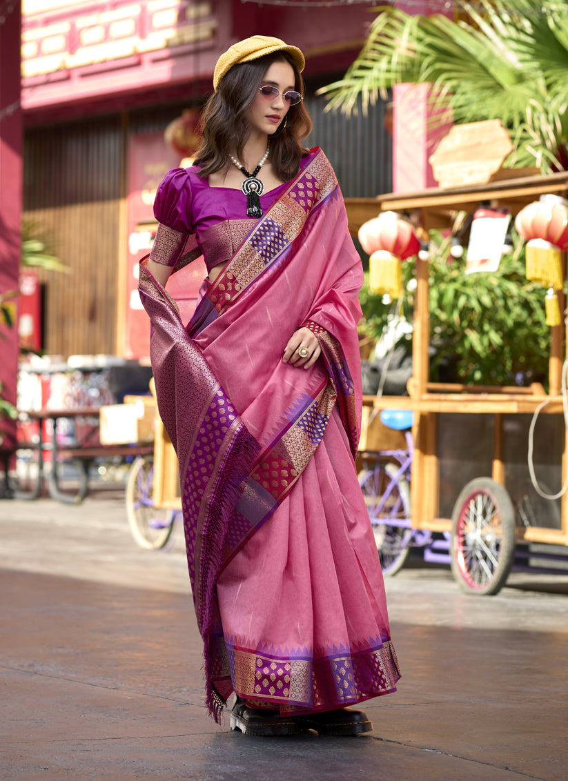 Pink Pure Banarasi Silk Woven Saree For Festival