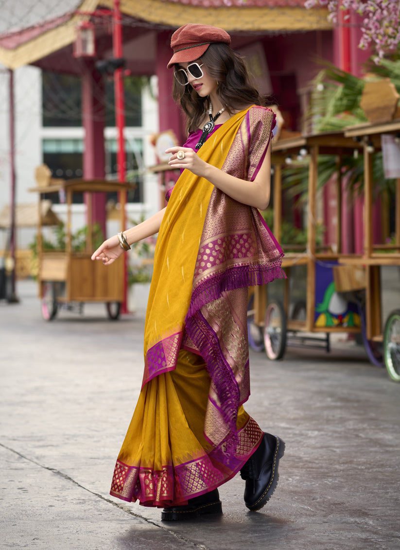 Golden Yellow Pure Banarasi Silk Woven Saree For Festival