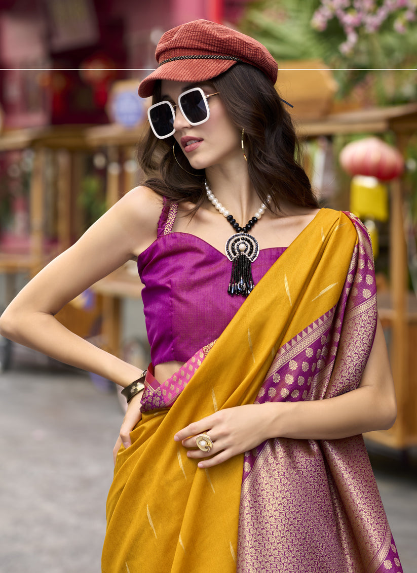 Golden Yellow Pure Banarasi Silk Woven Saree For Festival