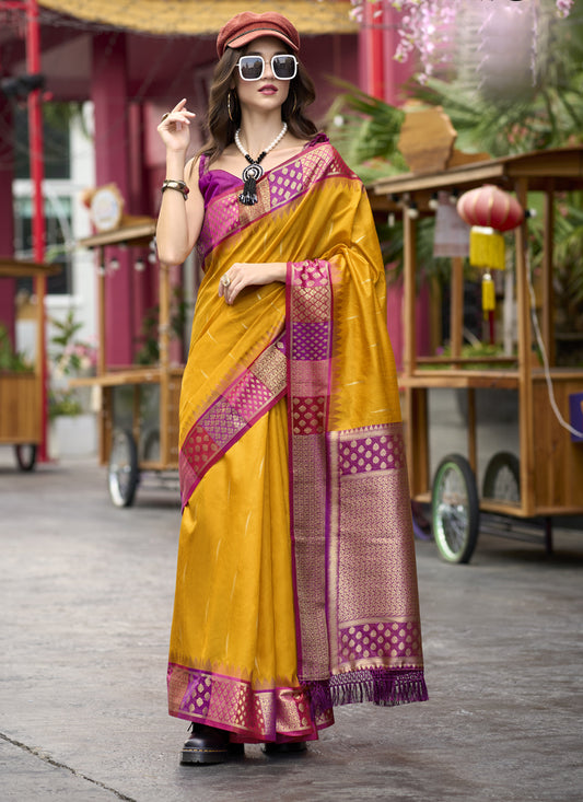 Golden Yellow Pure Banarasi Silk Woven Saree For Festival