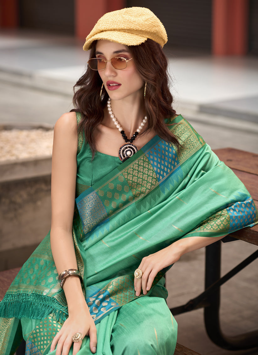 Sea Green Pure Banarasi Silk Woven Saree For Festival