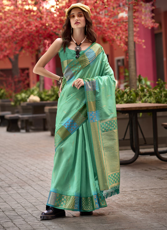 Sea Green Pure Banarasi Silk Woven Saree For Festival