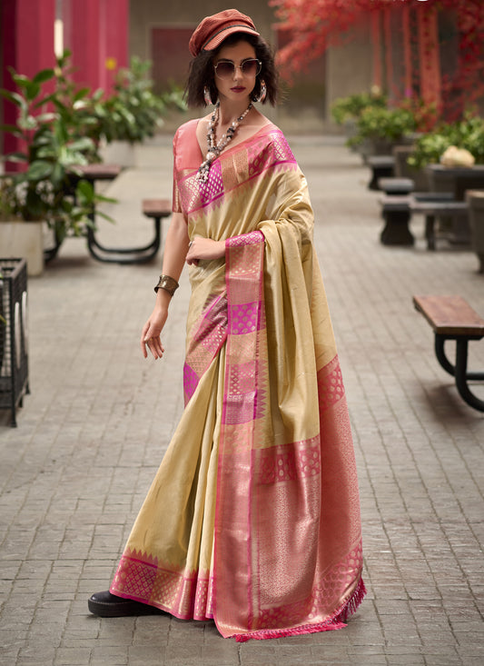 Beige Pure Banarasi Silk Woven Saree For Festival