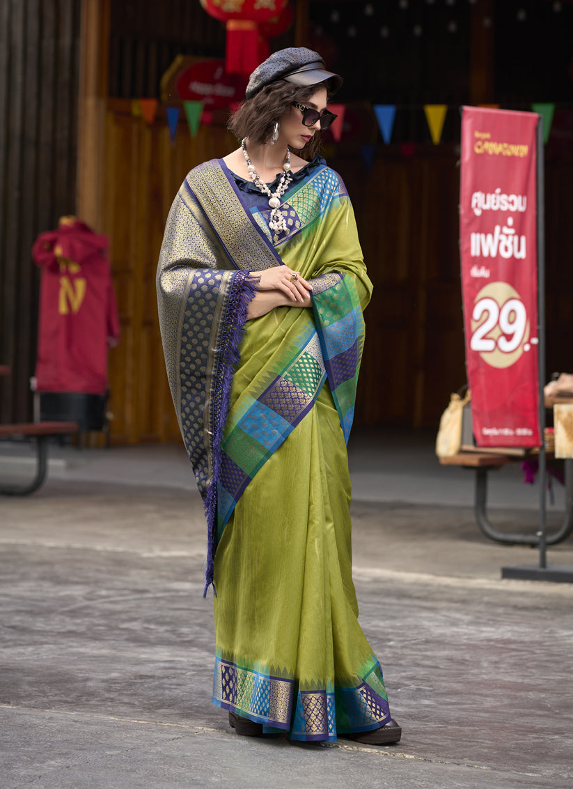 Olive Green Pure Banarasi Silk Woven Saree For Festival