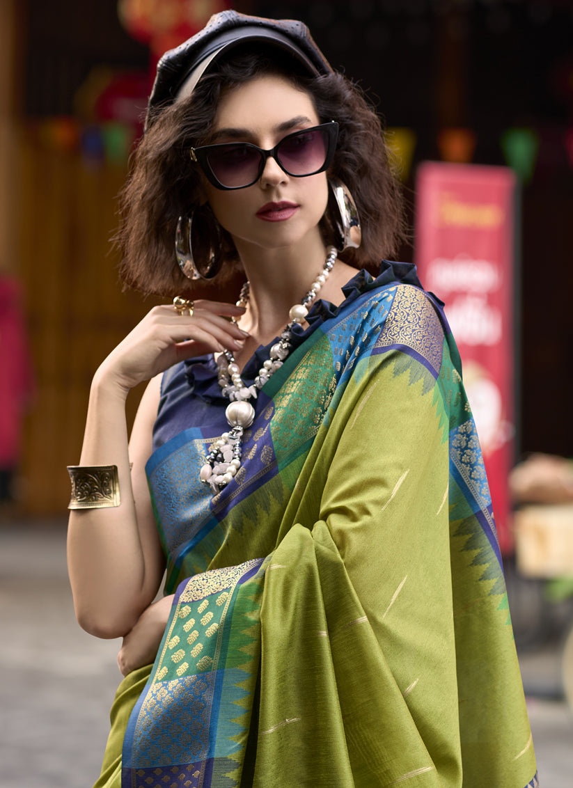 Olive Green Pure Banarasi Silk Woven Saree For Festival