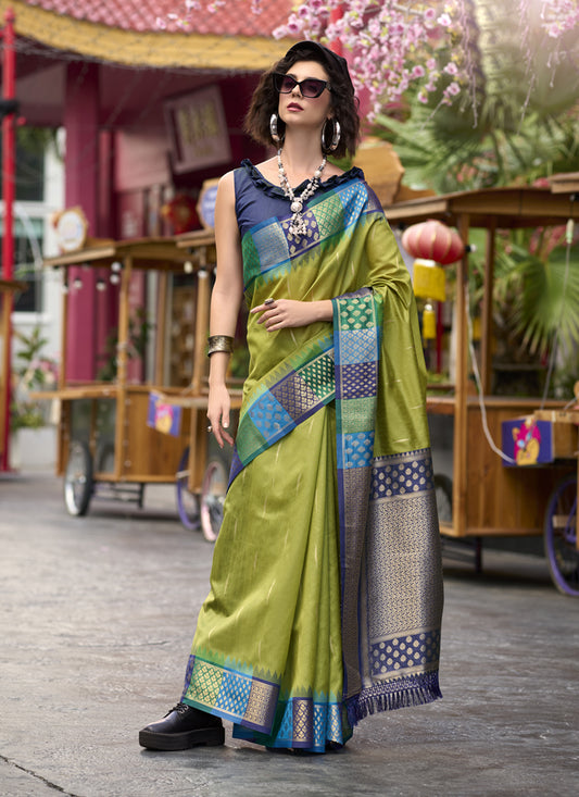 Olive Green Pure Banarasi Silk Woven Saree For Festival