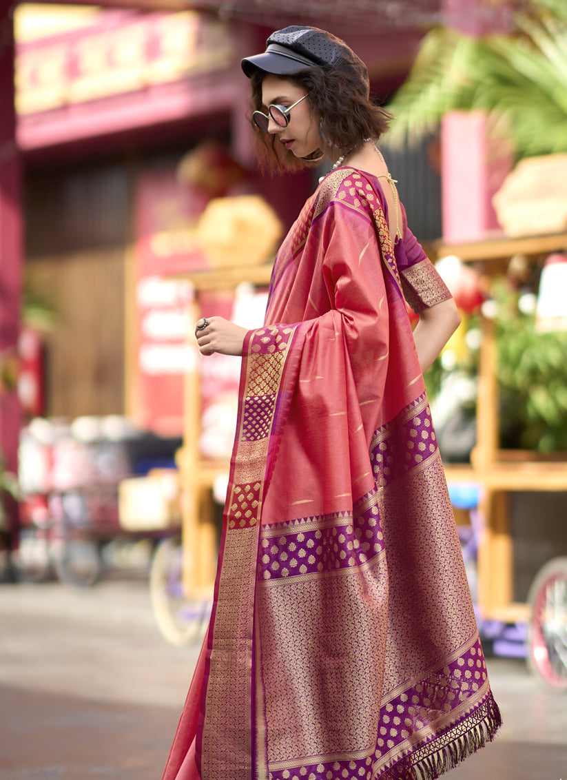 Coral Pink Pure Banarasi Silk Woven Saree For Festival