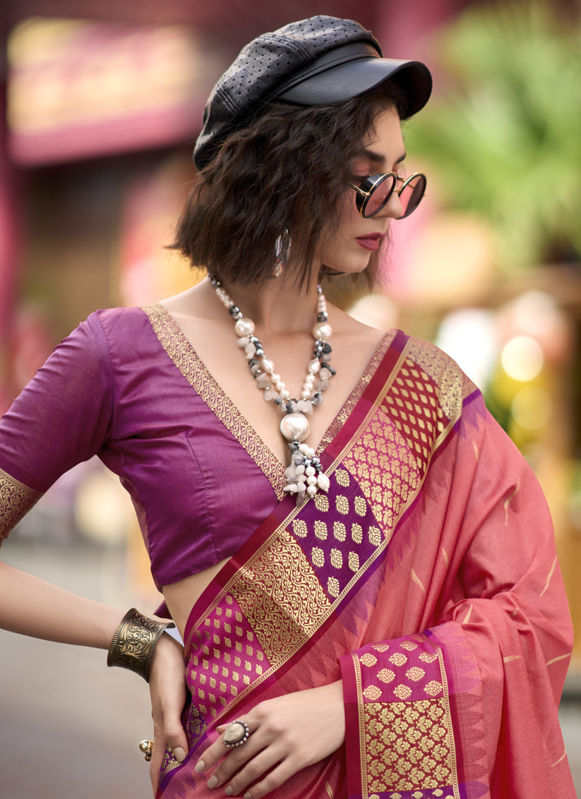 Coral Pink Pure Banarasi Silk Woven Saree For Festival