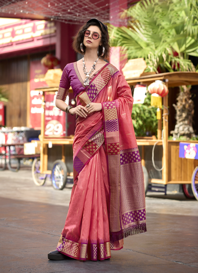 Coral Pink Pure Banarasi Silk Woven Saree For Festival