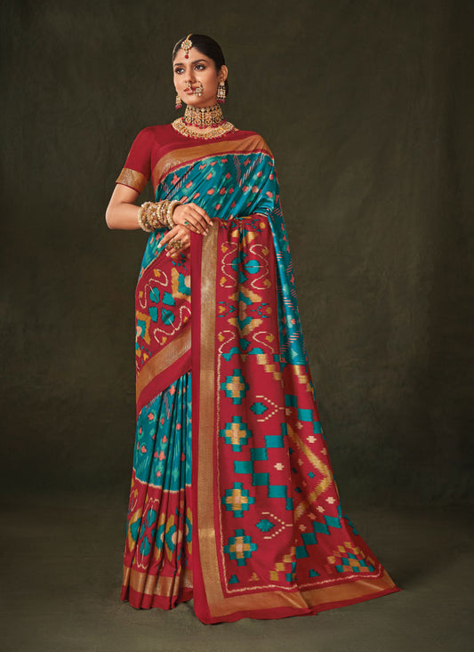 Peacock Blue Silk Saree with Foil Work