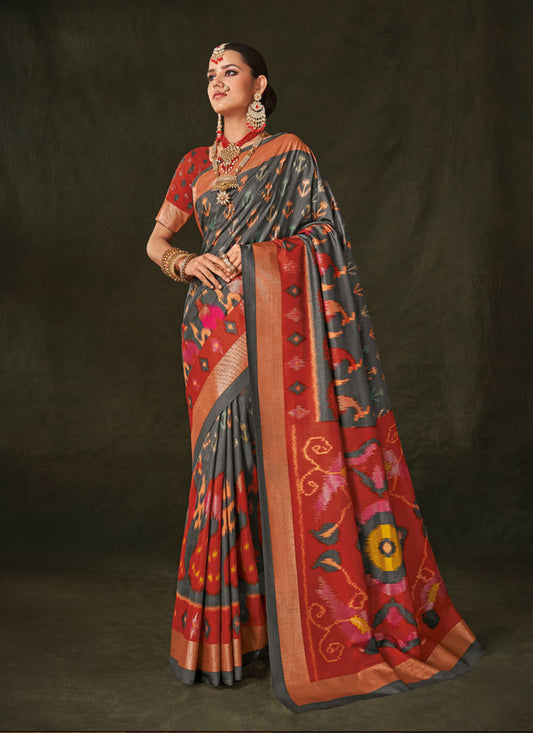 Slate Grey Silk Saree with Foil Work